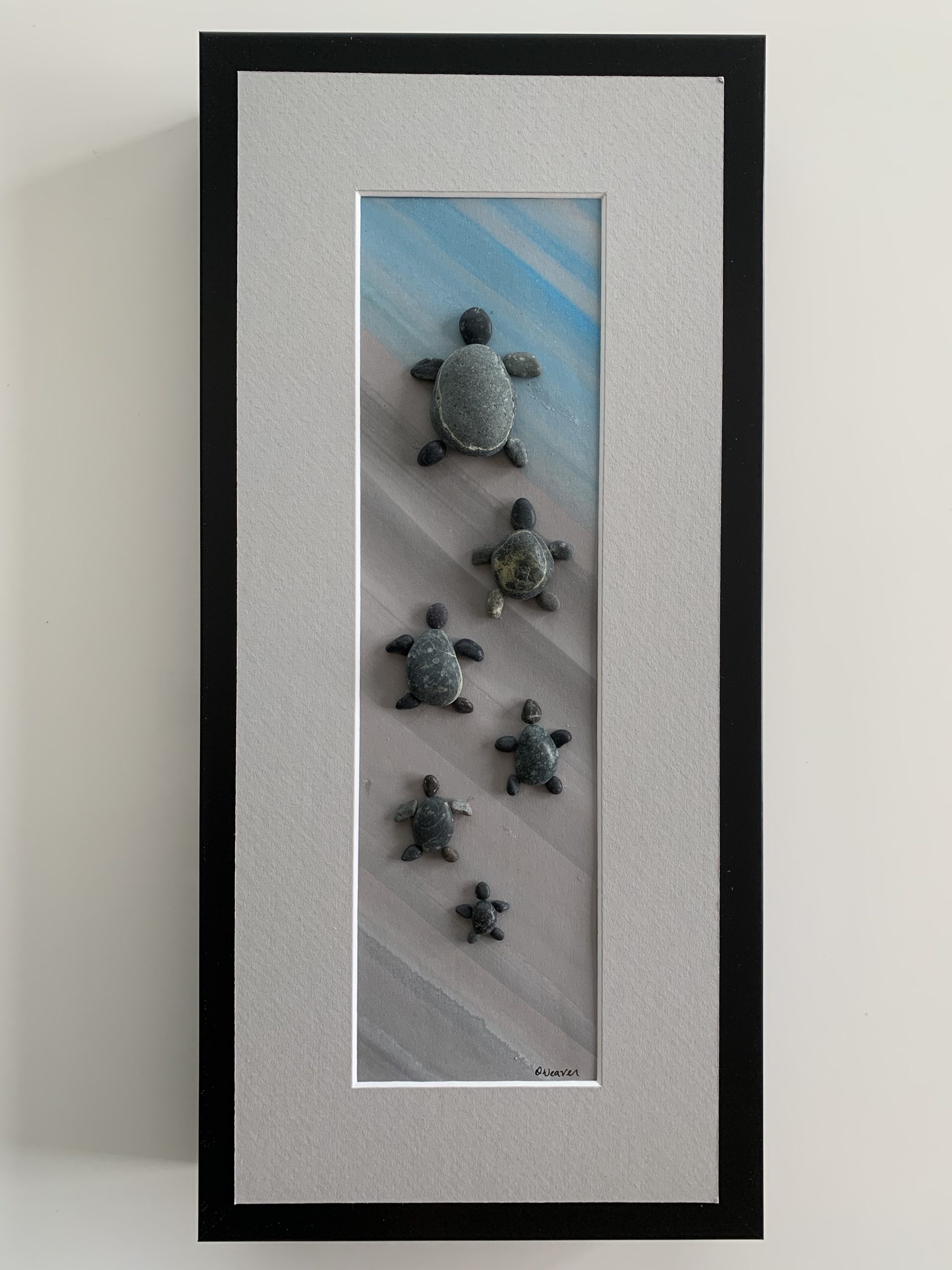 Family of 6 Turtles, Big to Small, heading out to Sea (Pebble Art)