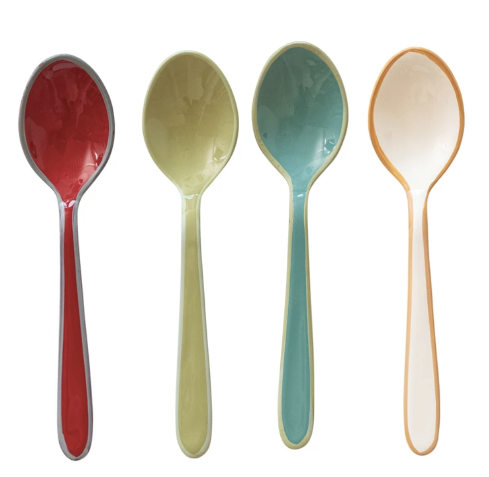Enameled Stainless Steel Spoons w/ Colored Edge, 4 Colors, Set of 4