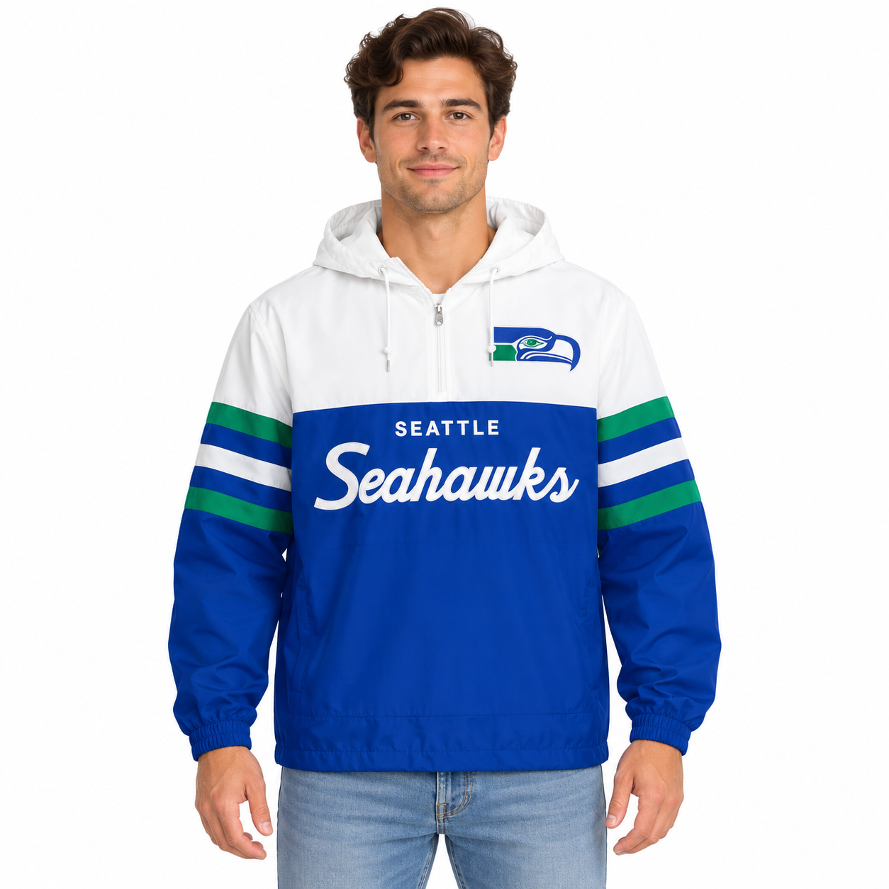 Seattle Seahawks Retro Royal/White Mitchell and Ness Script Hooded Sweatshirt