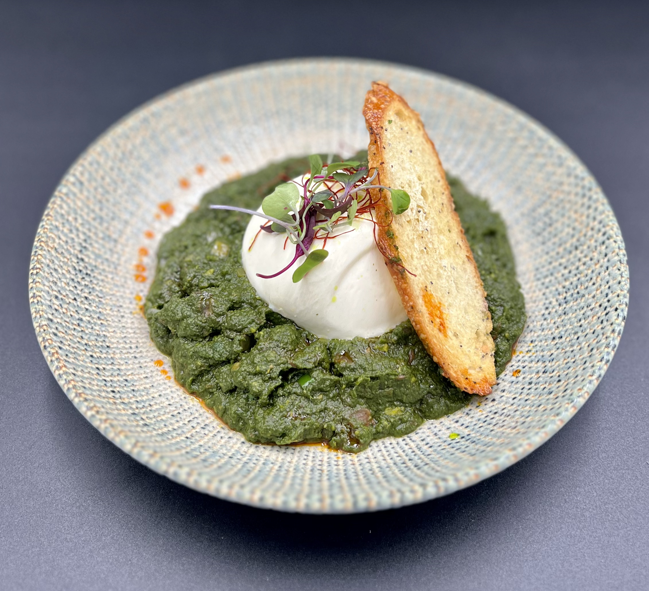 Burrata, Truffled 'Saag,' Magaz Crisps