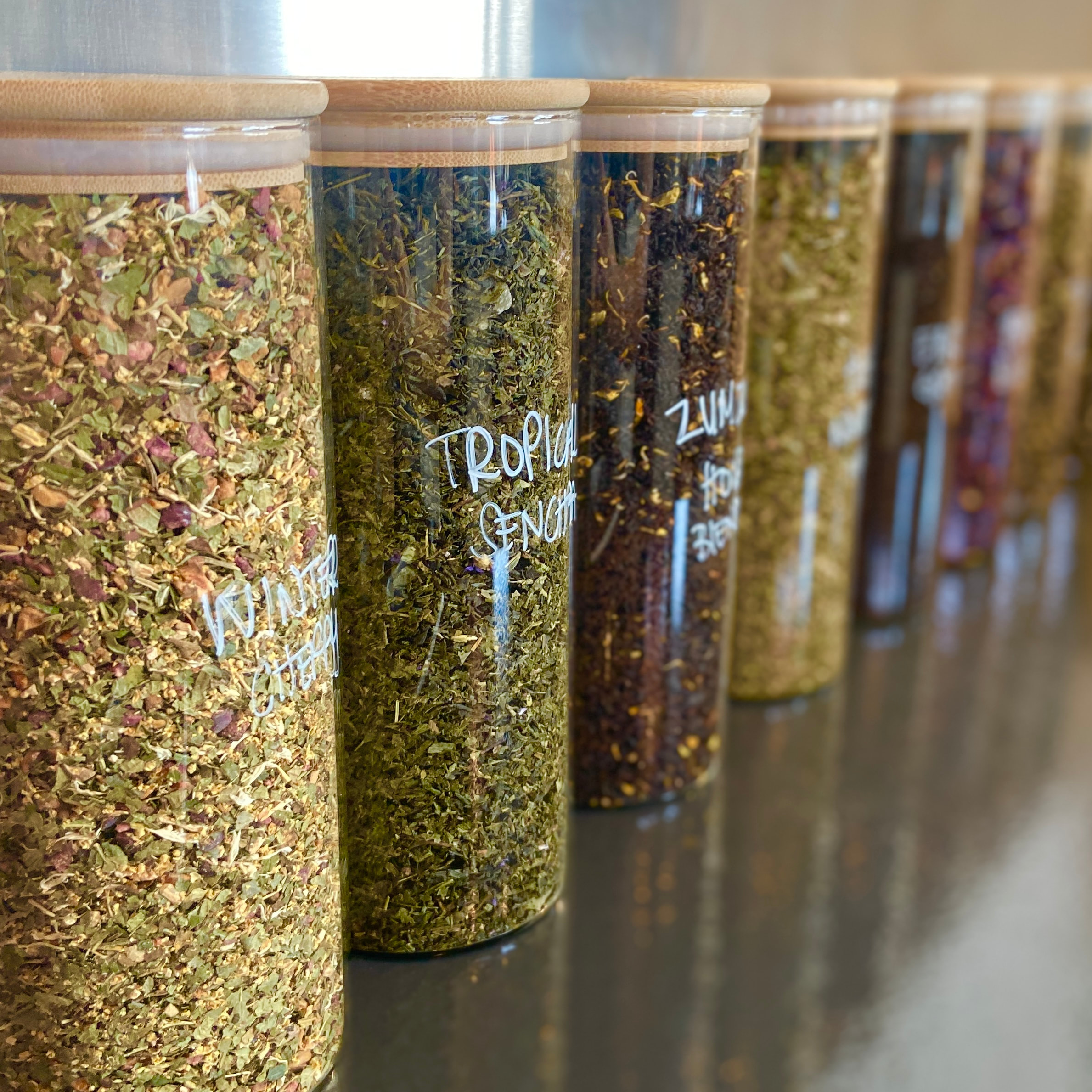 Jars of loose-leaf tea