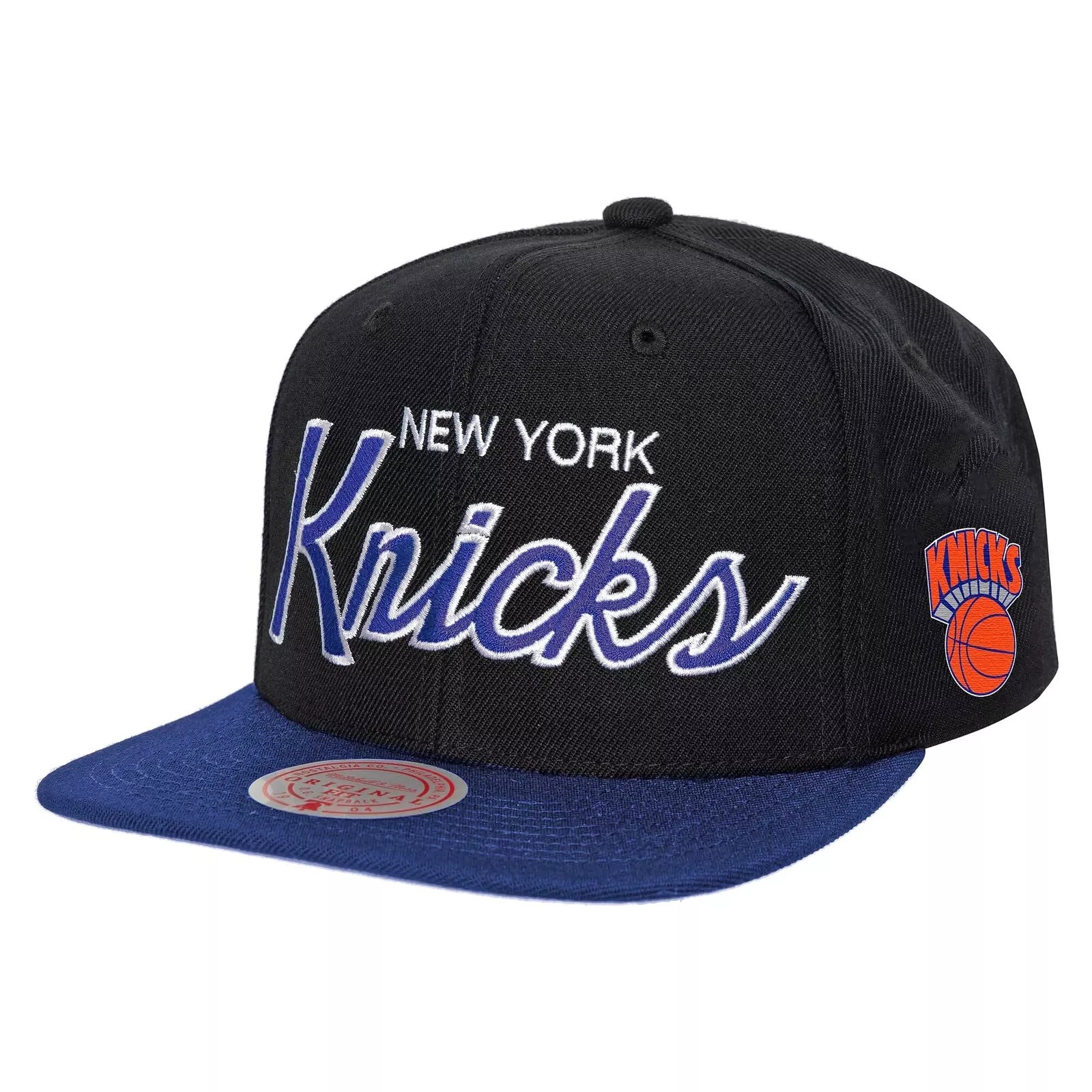 New York Knicks Two Tone Retro Script Mitchell and Ness Snapback Hat