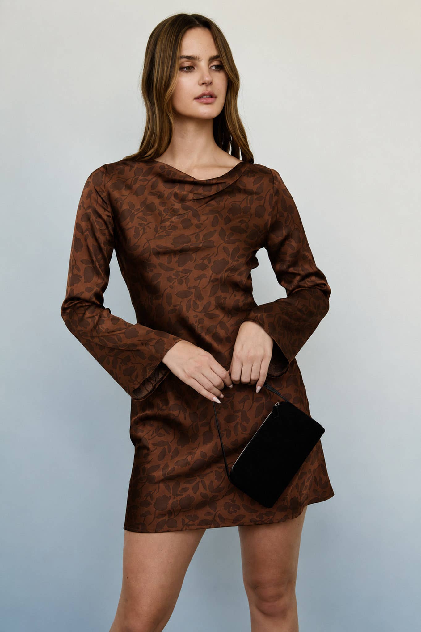 Floral Cowl Neck Long Sleeve Mini Dress