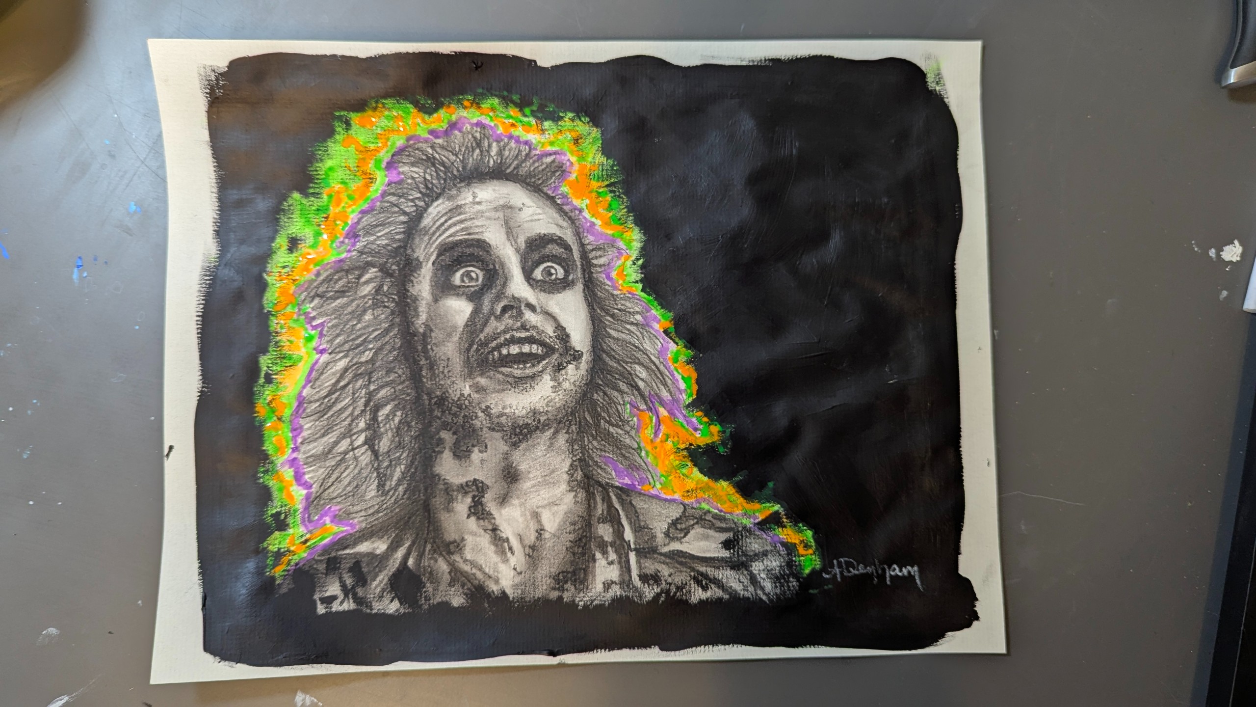 Charcoal and Acrylic Beetlejuice Drawing