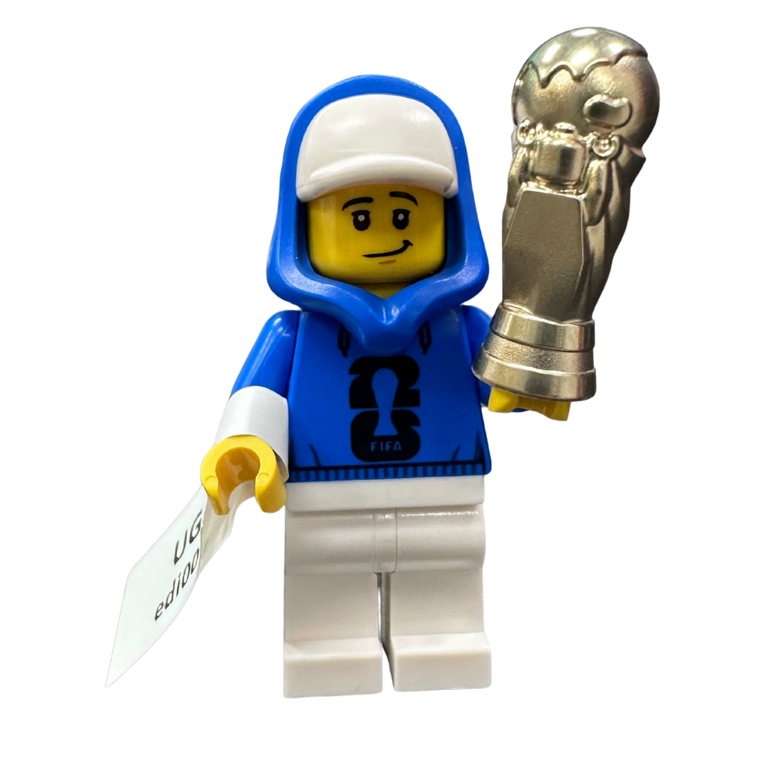 edi001 Soccer Spectator - Female, Blue Hoodie with Black FIFA World Cup 2026 Logo, White Cap