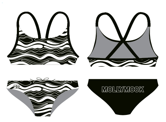 Front and back views of the black-and-white wave-pattern Mollymook two-piece swimsuit.