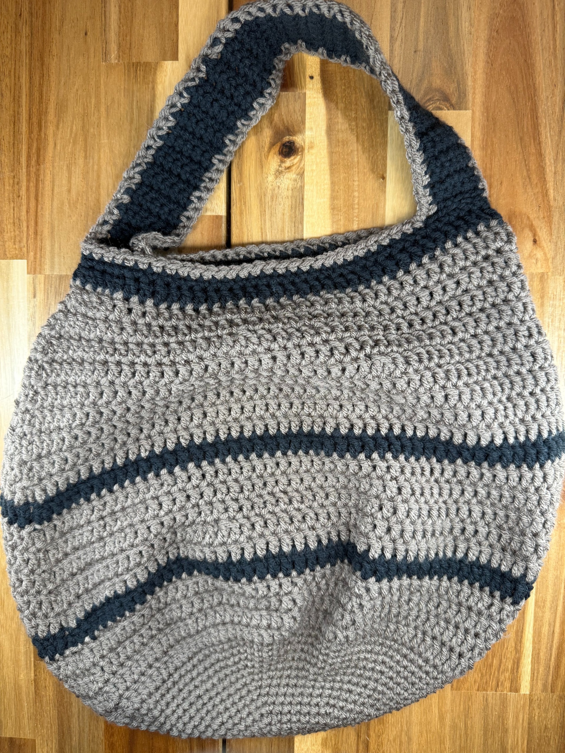 Gray & Navy Striped Crochet Market Tote