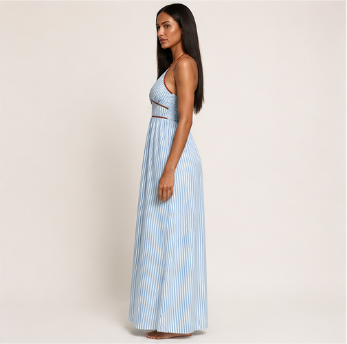 Striped Halter Neck Smocked Back Maxi Dress