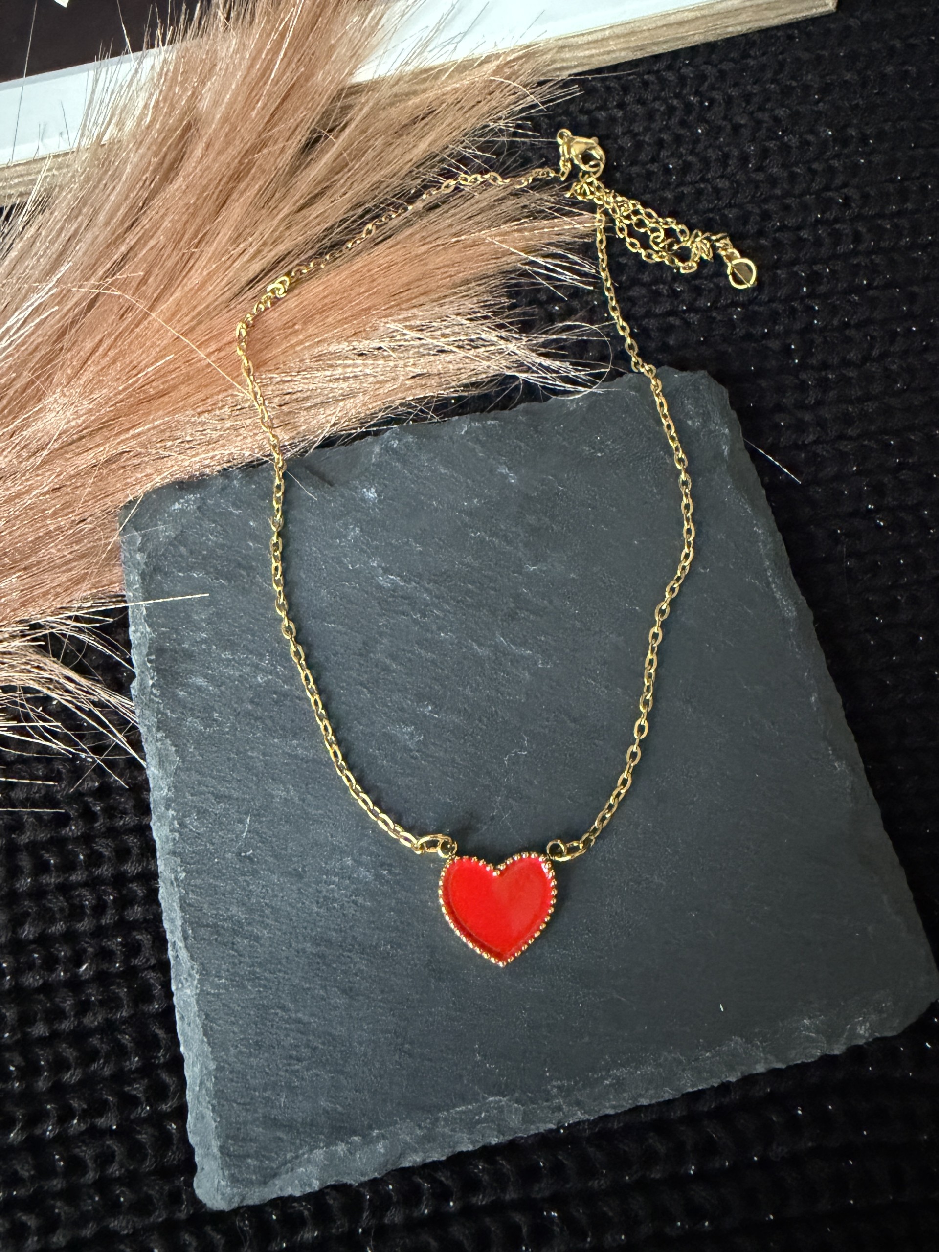 18K Gold Plated 304 Stainless Steel Red Heart Pendant Necklace