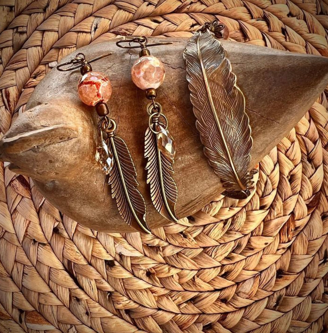 Antique Brass Tone Feather Earrings with Tibetan Agate & Briolette Crystals