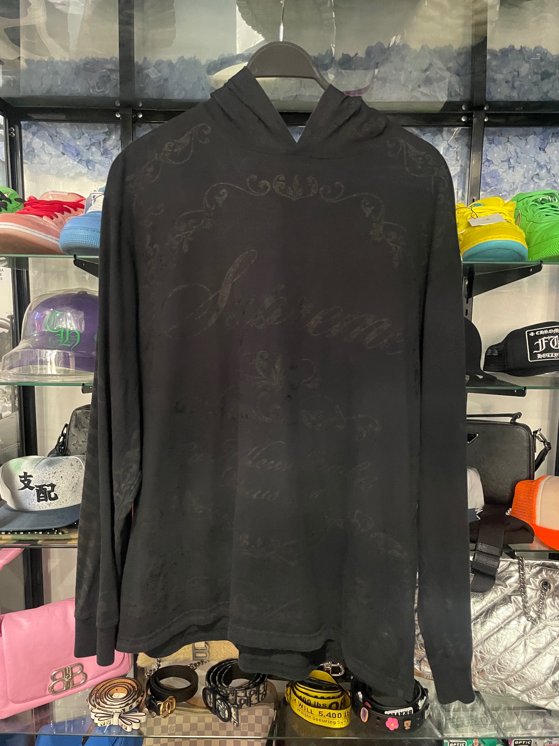 Supreme black hoodie all over tonal script size L (used)