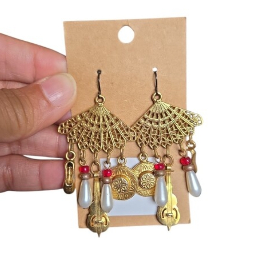 Vintage Gold Toned Fan Mexican Folk Dance Dangle Earrings with Pearl Drops 2.75"