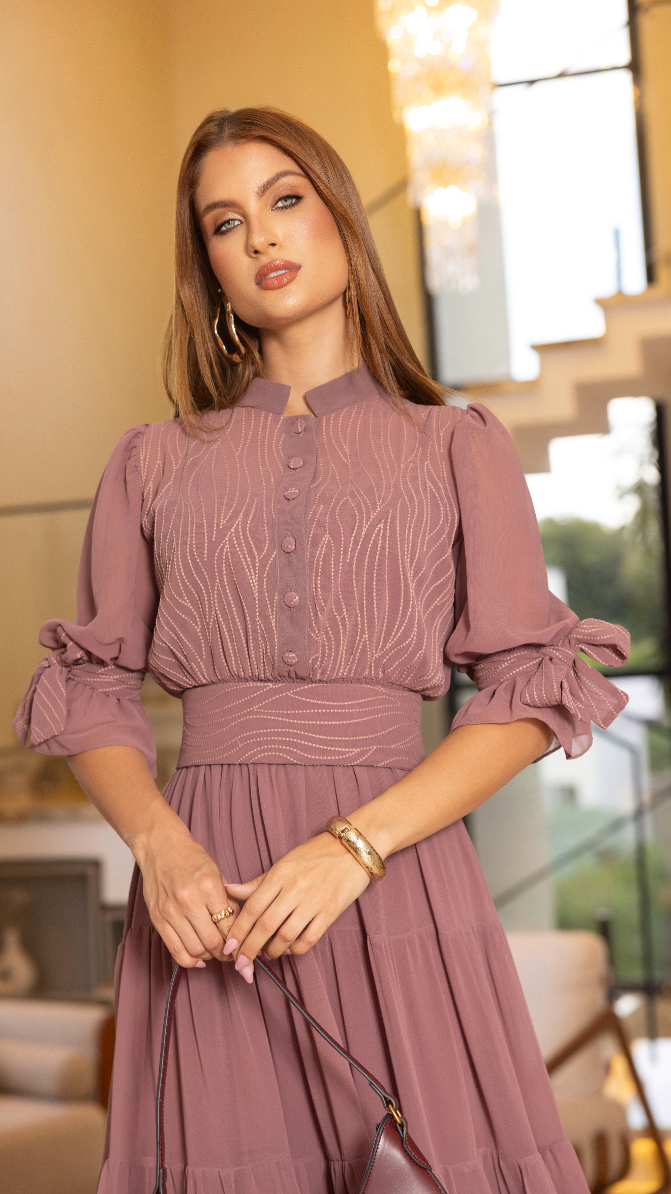 Vestido Midi Chiffon Seda Bordado Rose - foto 3