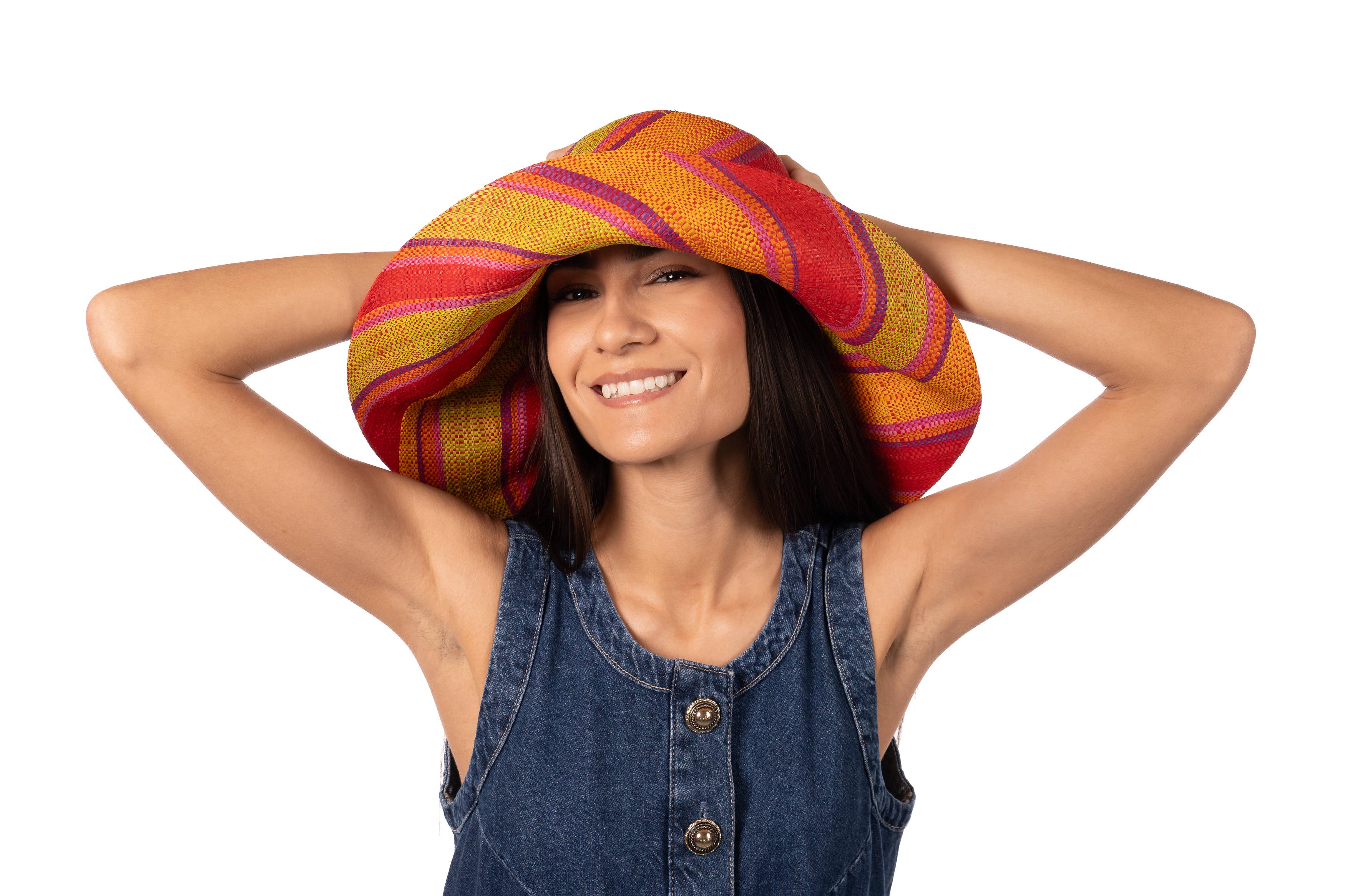 5" & 7" Wide Brim Multicolor Stripe Packable Straw Sun Hats