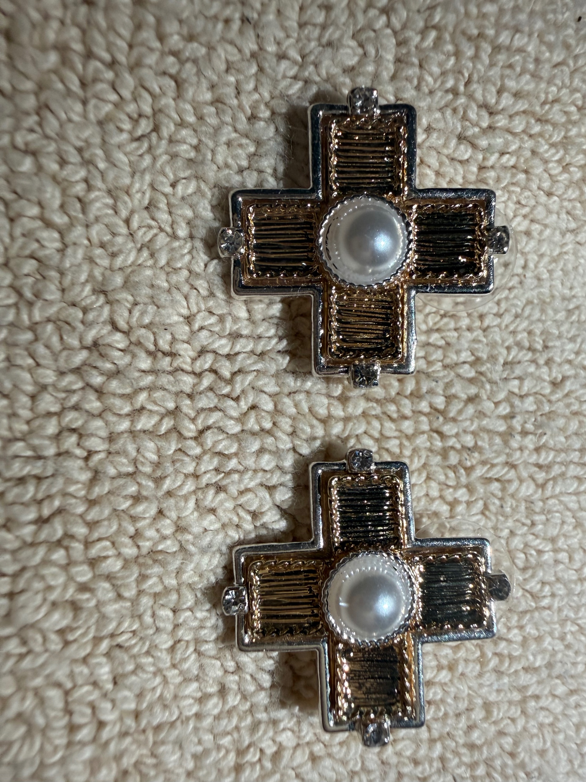 Gold, Silver, Rhinestone, & Pearl Cross Studs