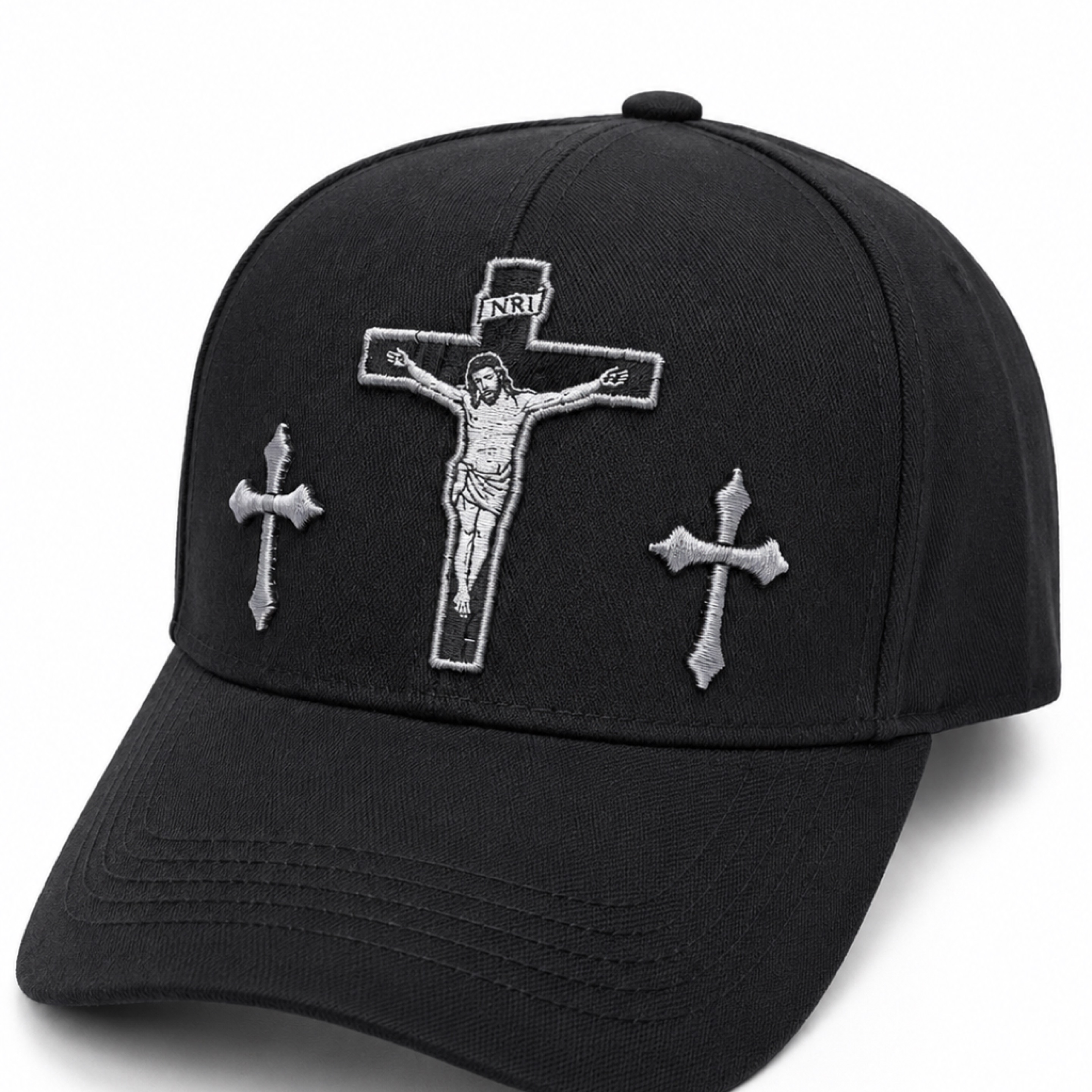 Black Embroidered Cross Faith Hat