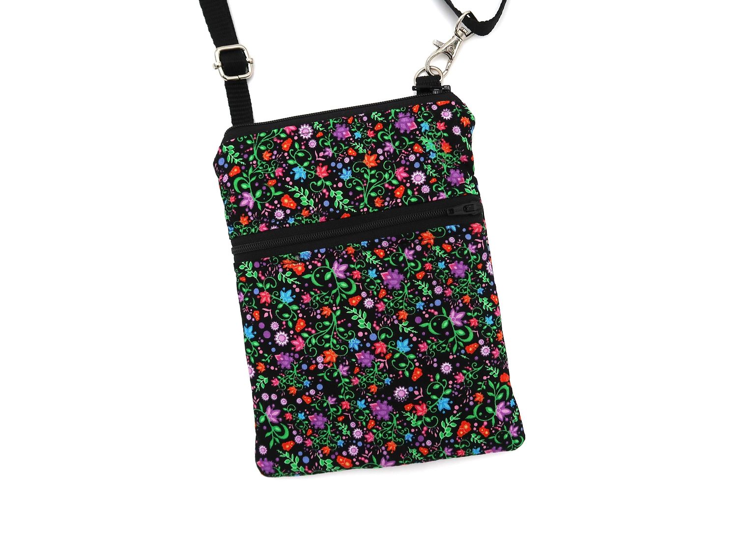 Small Crossbody Bag – Ditsy Flowers on Black – handmade crossbody bag
