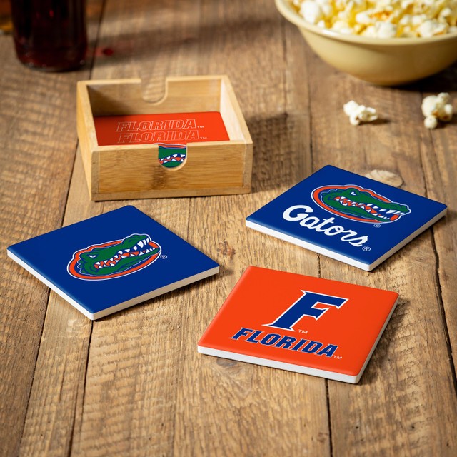 Florida Gators 4 Piece Coaster Set with Wood Caddy