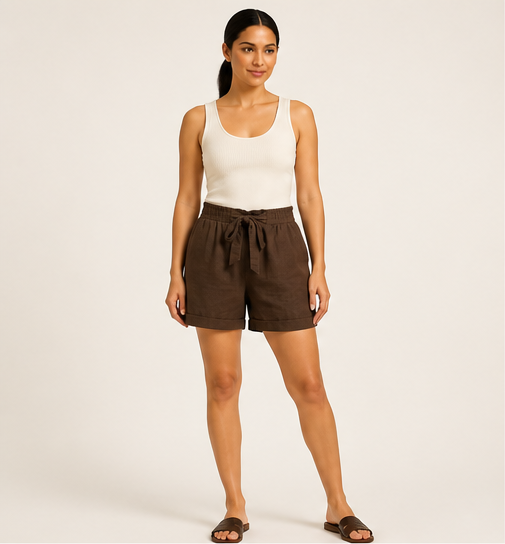 Plus Size Elastic Waist Tie Front Cuffed Hem Linen Shorts