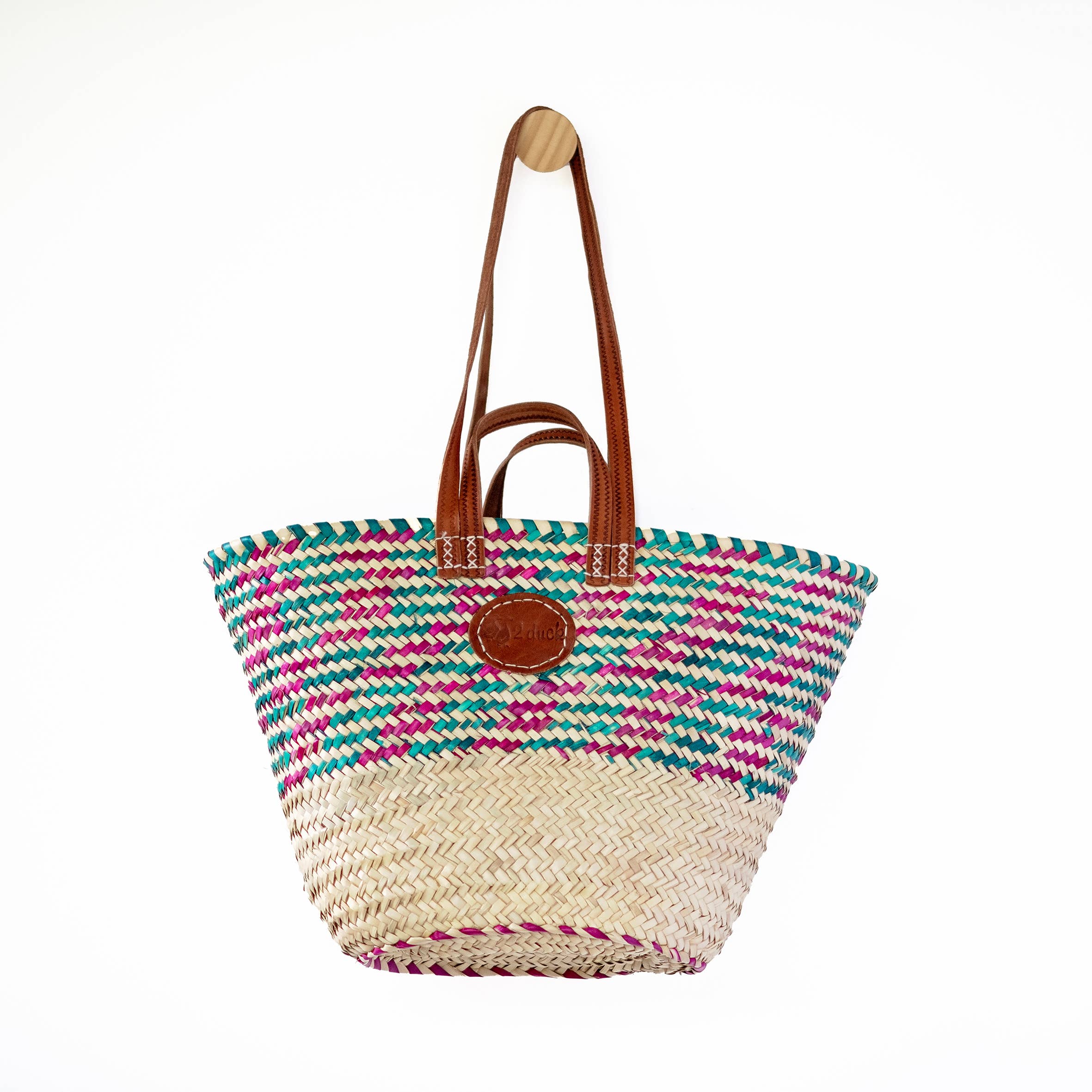 Classic Market Basket With Green And Pink Weaving