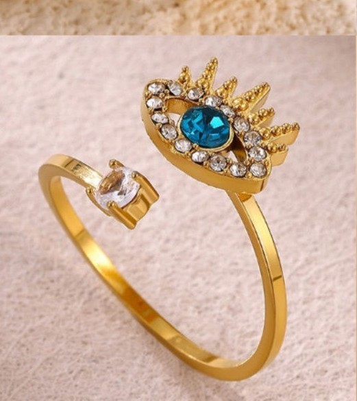 18K Gold Plated 304 Stainless Steel Blue Eye Rhinestone Adjustable Ring