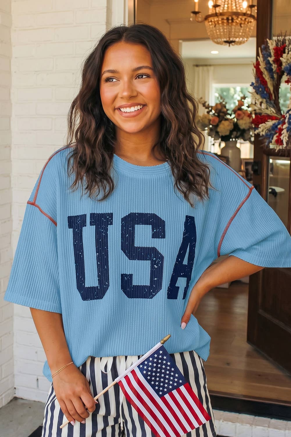 LAS USA Graphic Half Sleeve Loose Ribbed Top (S-XL) — Bama Tan boutique, Tuscaloosa AL