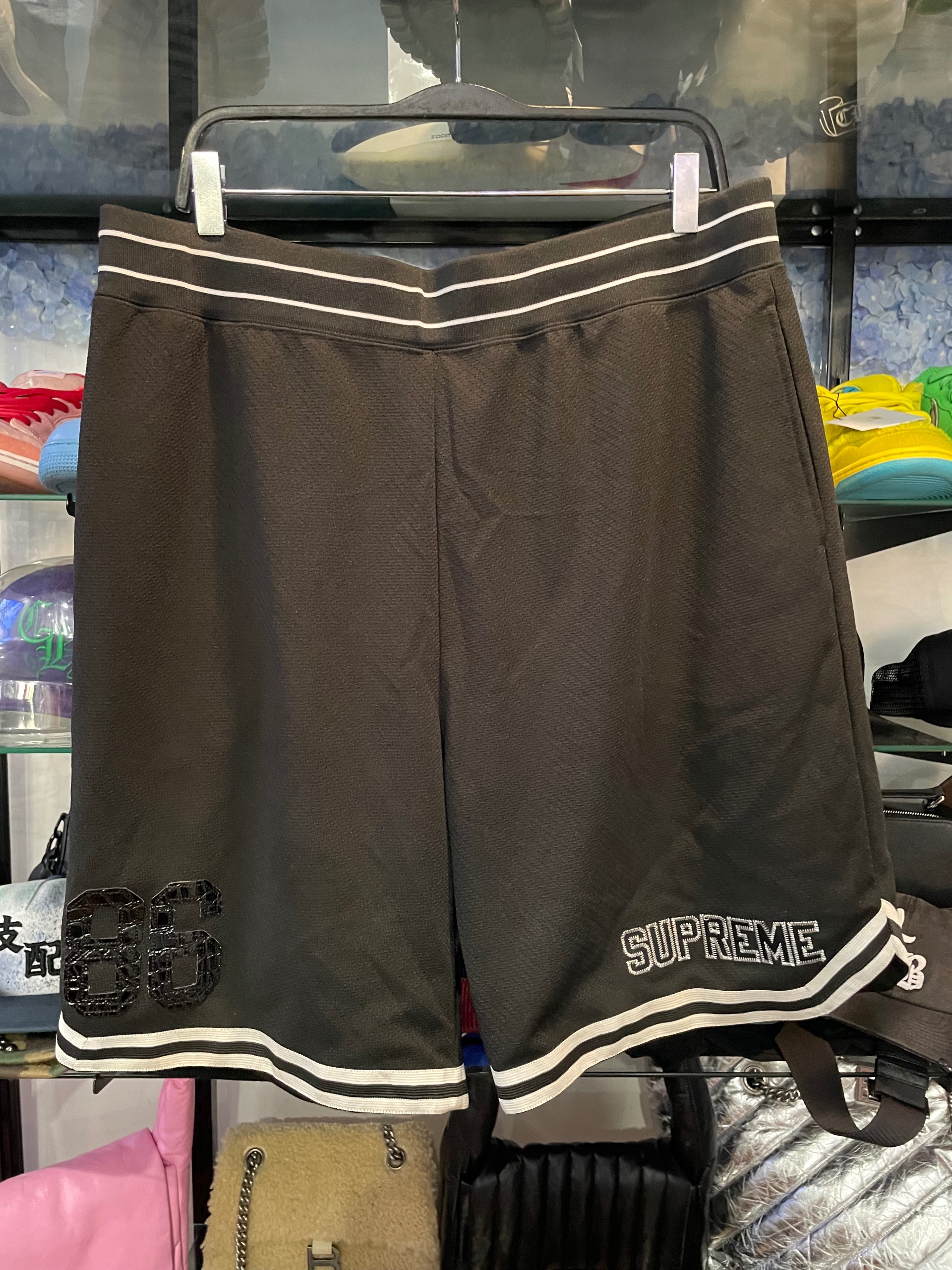 Supreme faux basketball shorts black patch size XL (used)