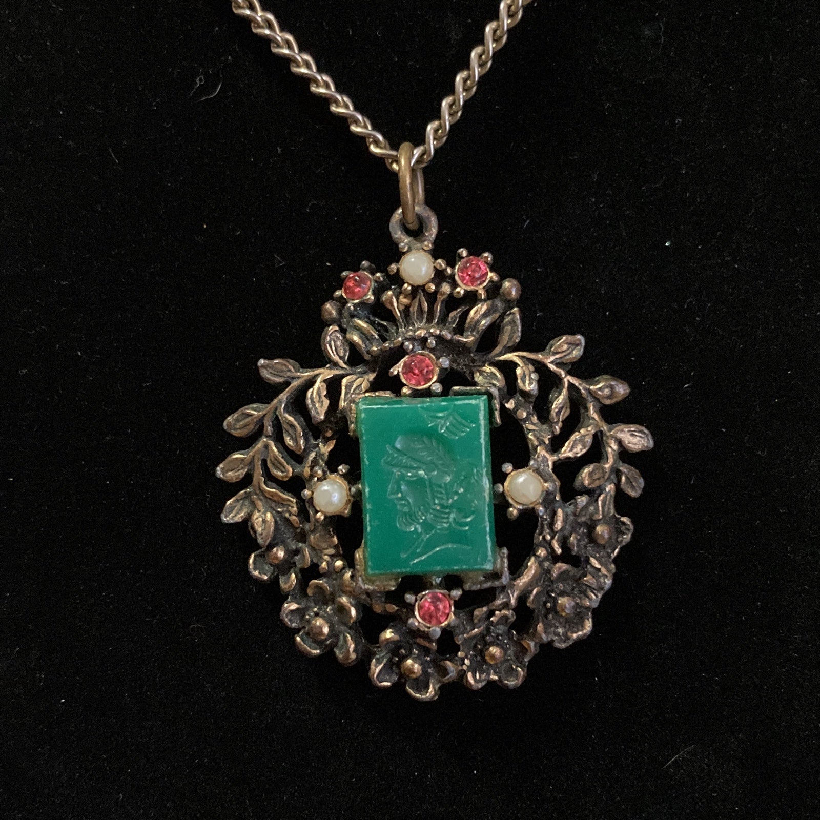 Bronze Crystal Flower Intaglio Statement Necklace, Vintage Flower Necklace
