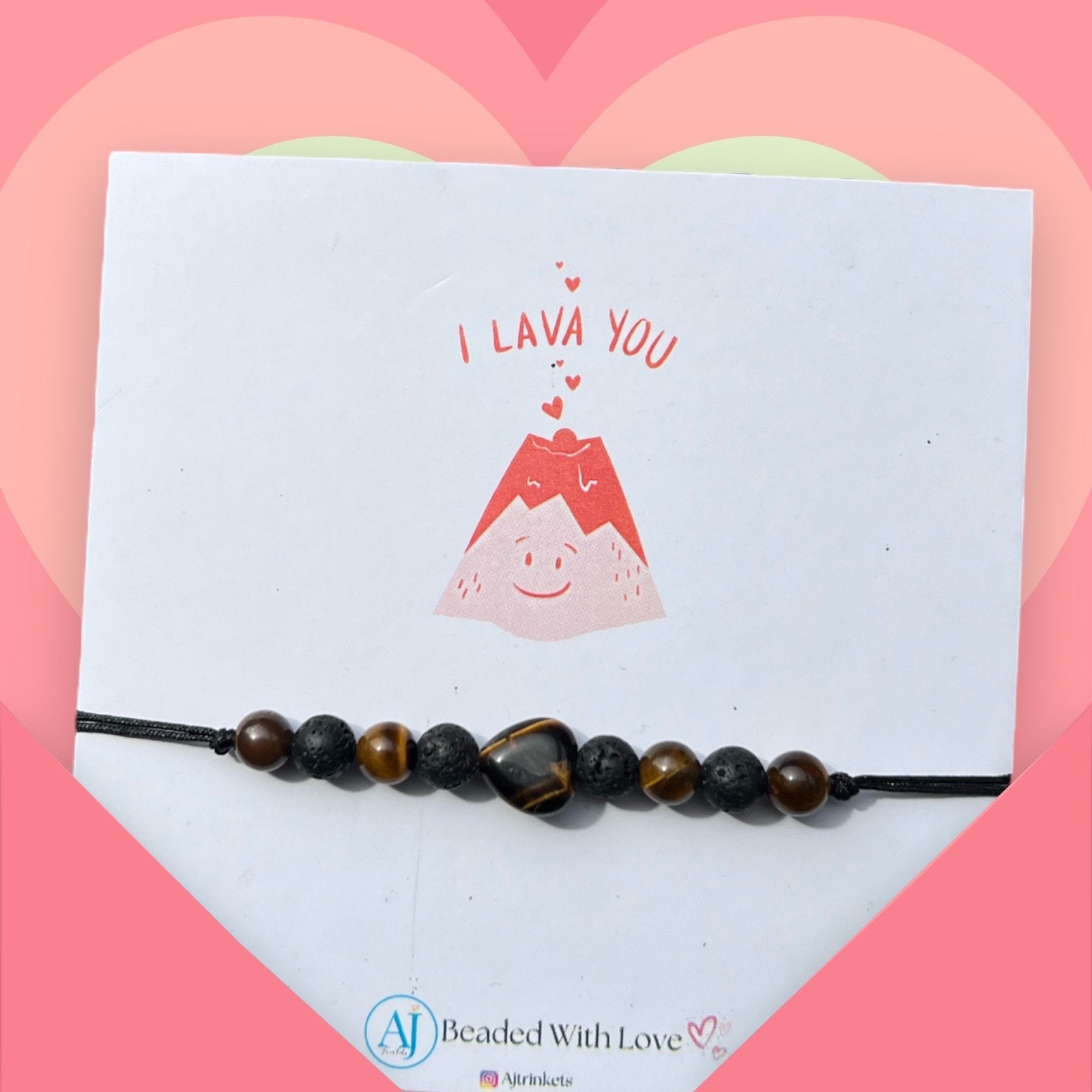Handmade Lava Rock & Tiger Eye Adjustable Bracelet, Valentine’s Day gift view 3