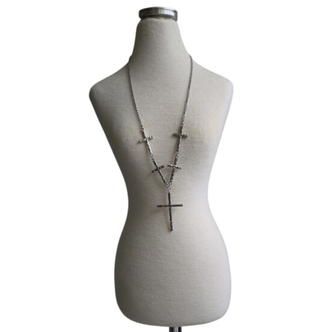 Silver Toned Hammered Cross Pendant Layered Necklace 22"