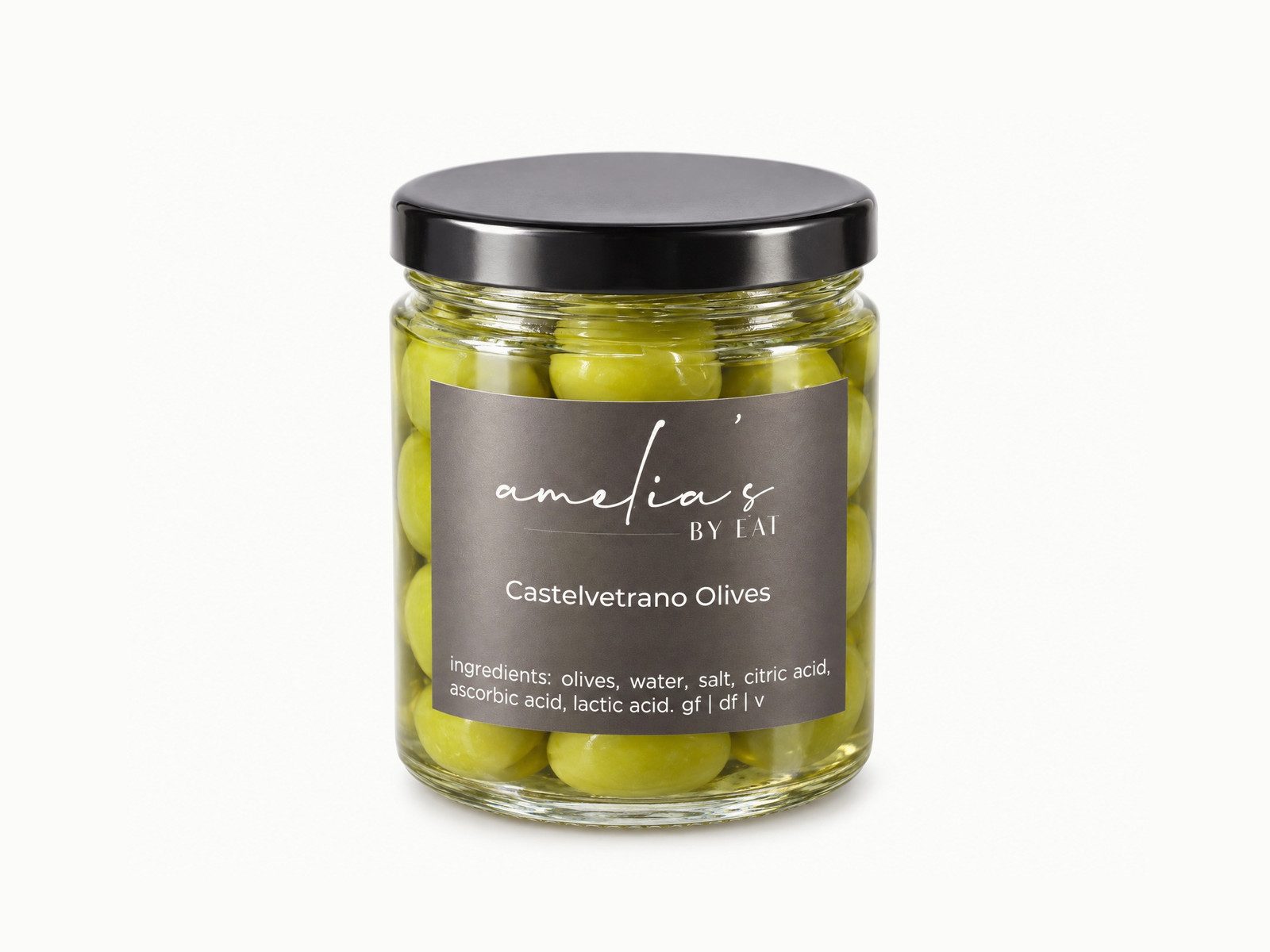 Jar of Amelia's Castelvetrano olives with a charcoal label