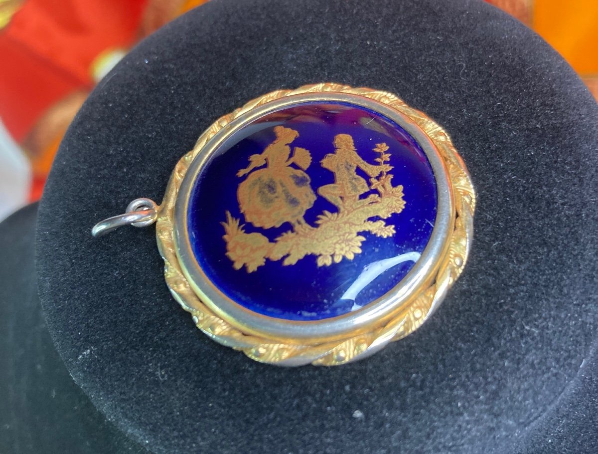 French LIMOGES Made in France Vintage Porcelain Victorian Scene Pendant