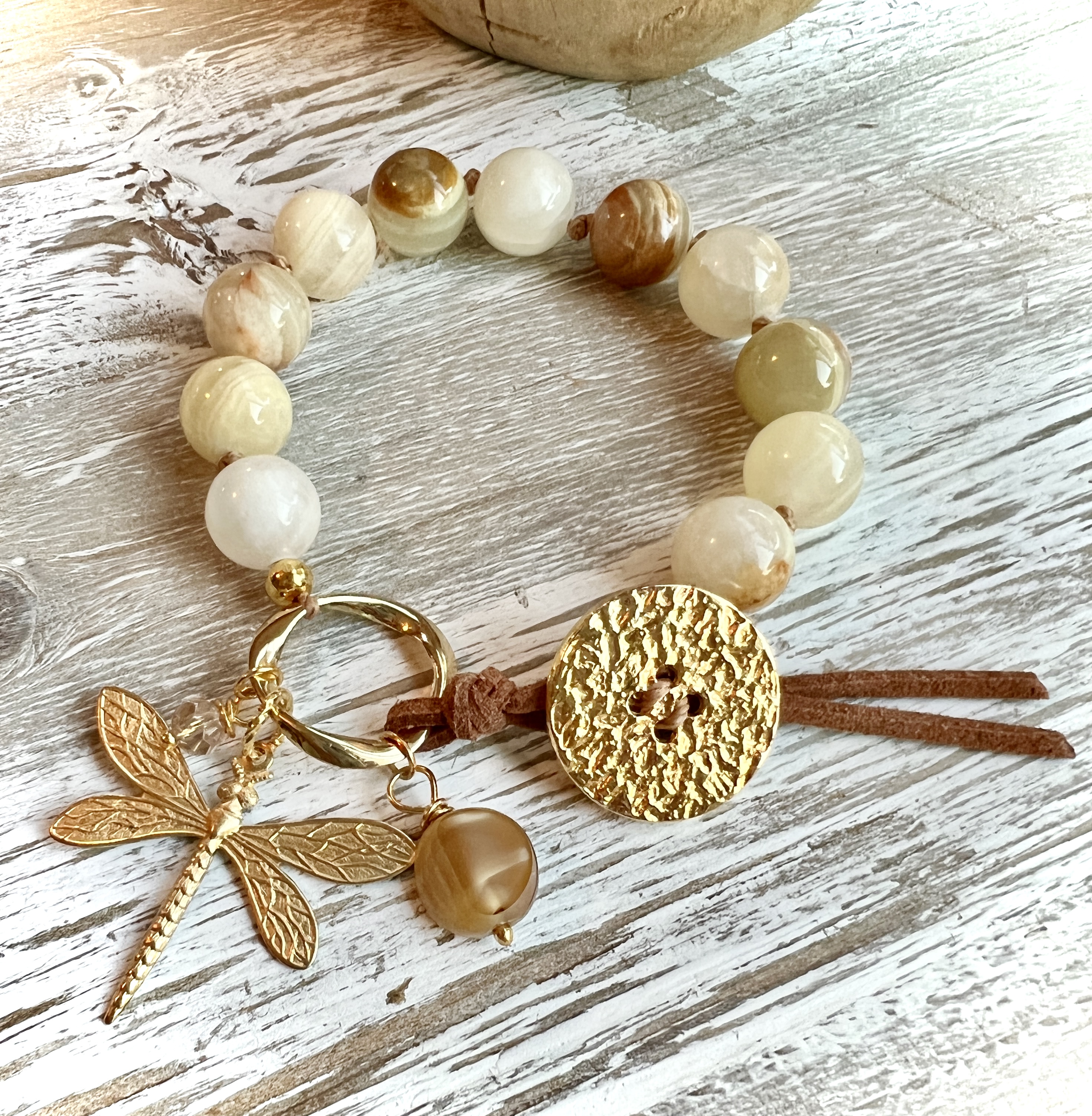 Afghanistan Jade, Knotted Bracelet with Vintaj Dragonfly Charm & Czech Glass Dangle