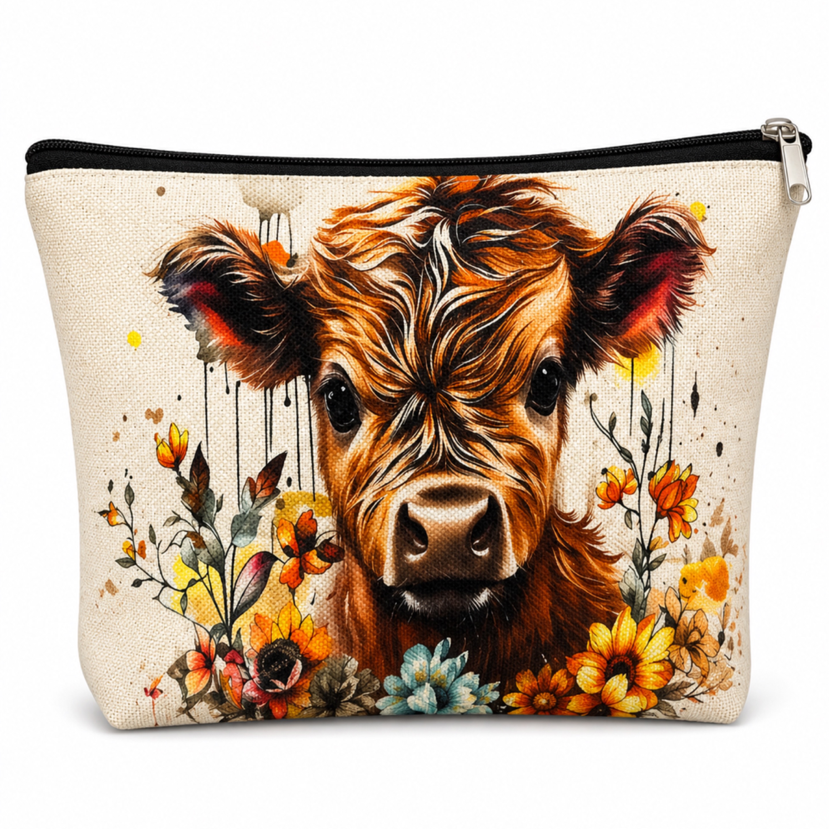 Highland Cow Floral Canvas Zipper Pouch