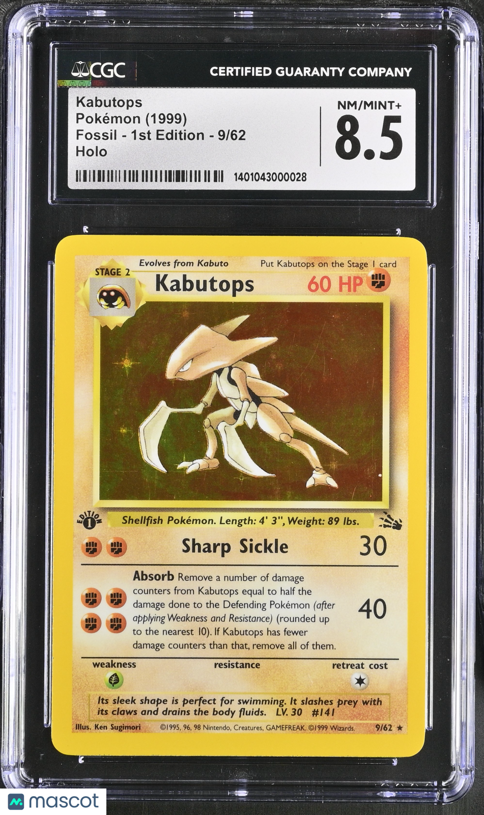 1999 Pokemon Fossil Kabutops Holo 1st Edition CGC 8.5 #9/62