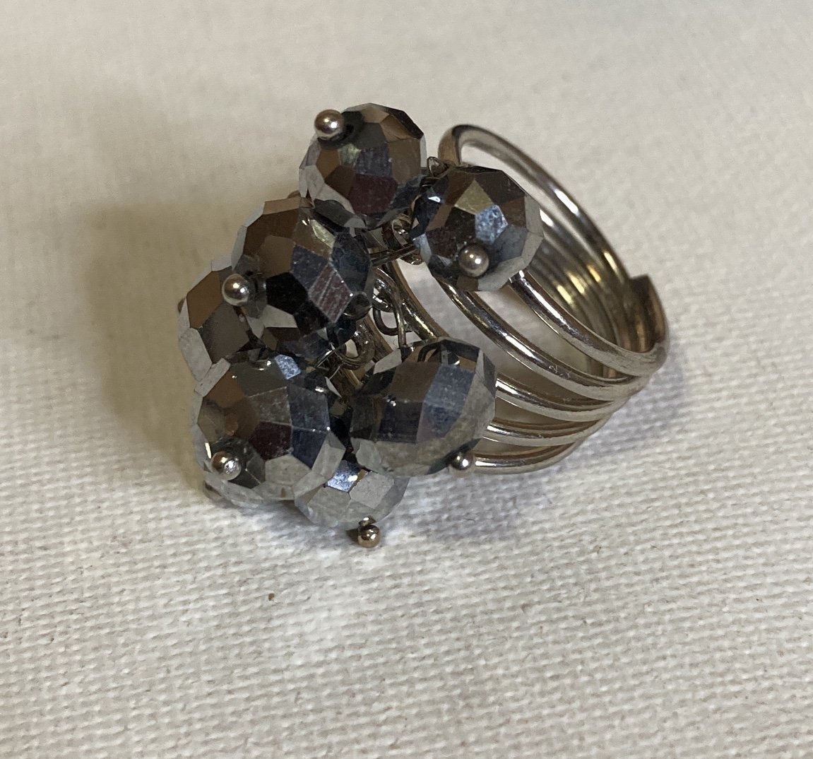 Hematite Grey Glass Bead Cluster Ring in Silver Tone Metal