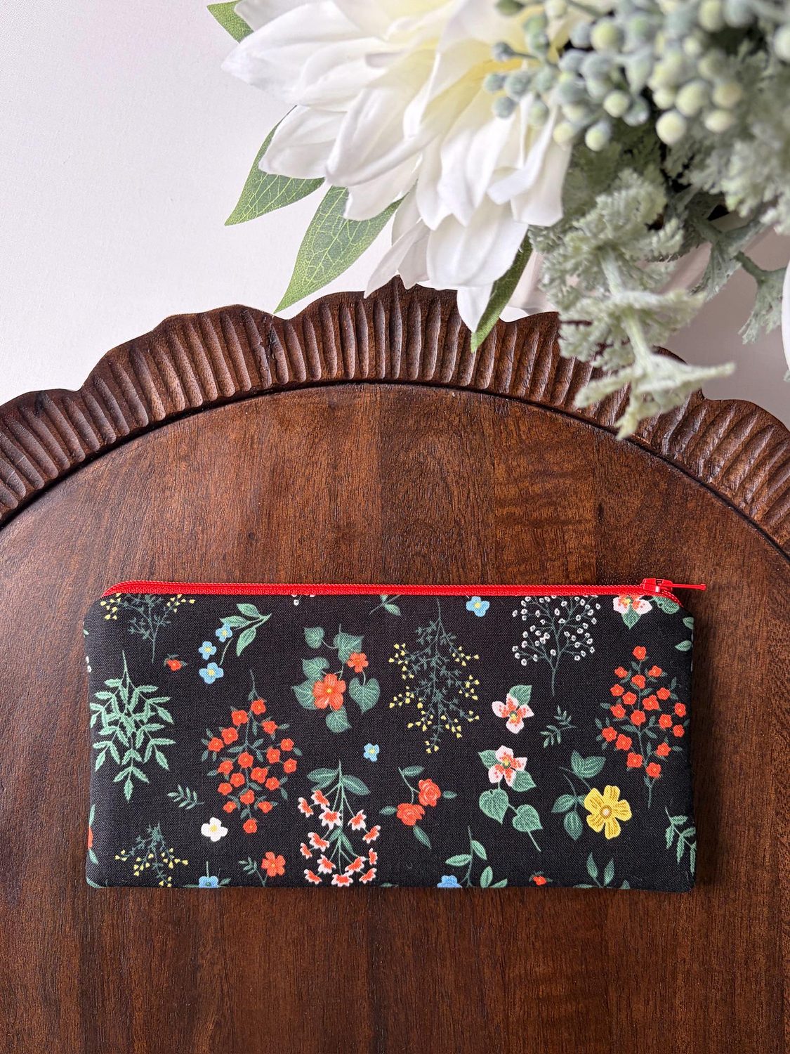 Pencil Pouch – Wildflowers on Black – handmade pencil pouch