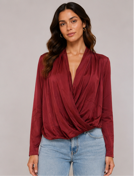 Lustrous satin V-neck design versatile top