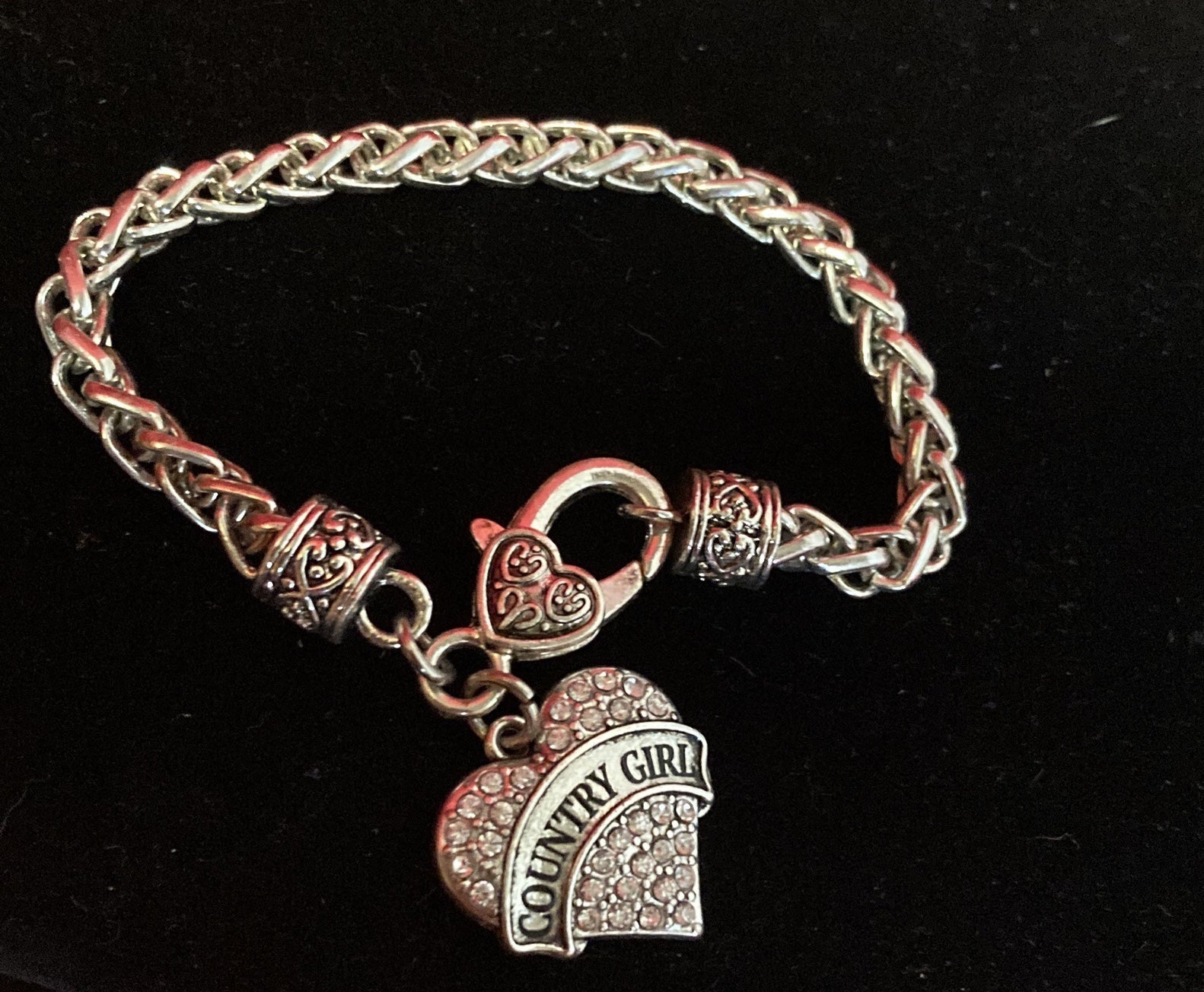Silver Tone Heart Shape Crystal COUNTRY GIRL Bracelet