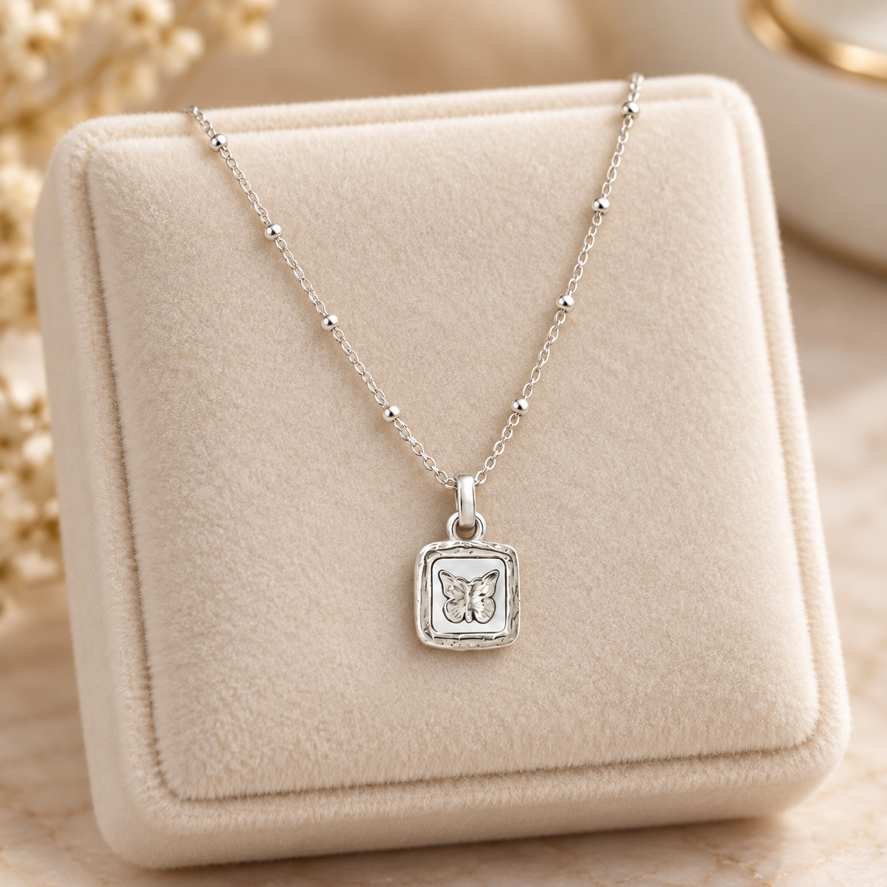 304 Stainless Steel Silver Square Butterfly Pendant Necklace