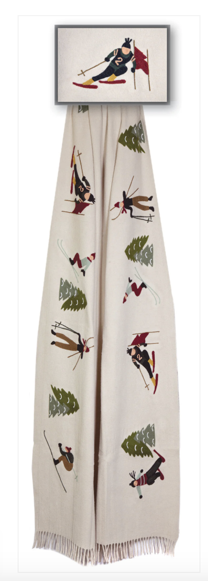 Skier Embroidered Wool Throw Blanket