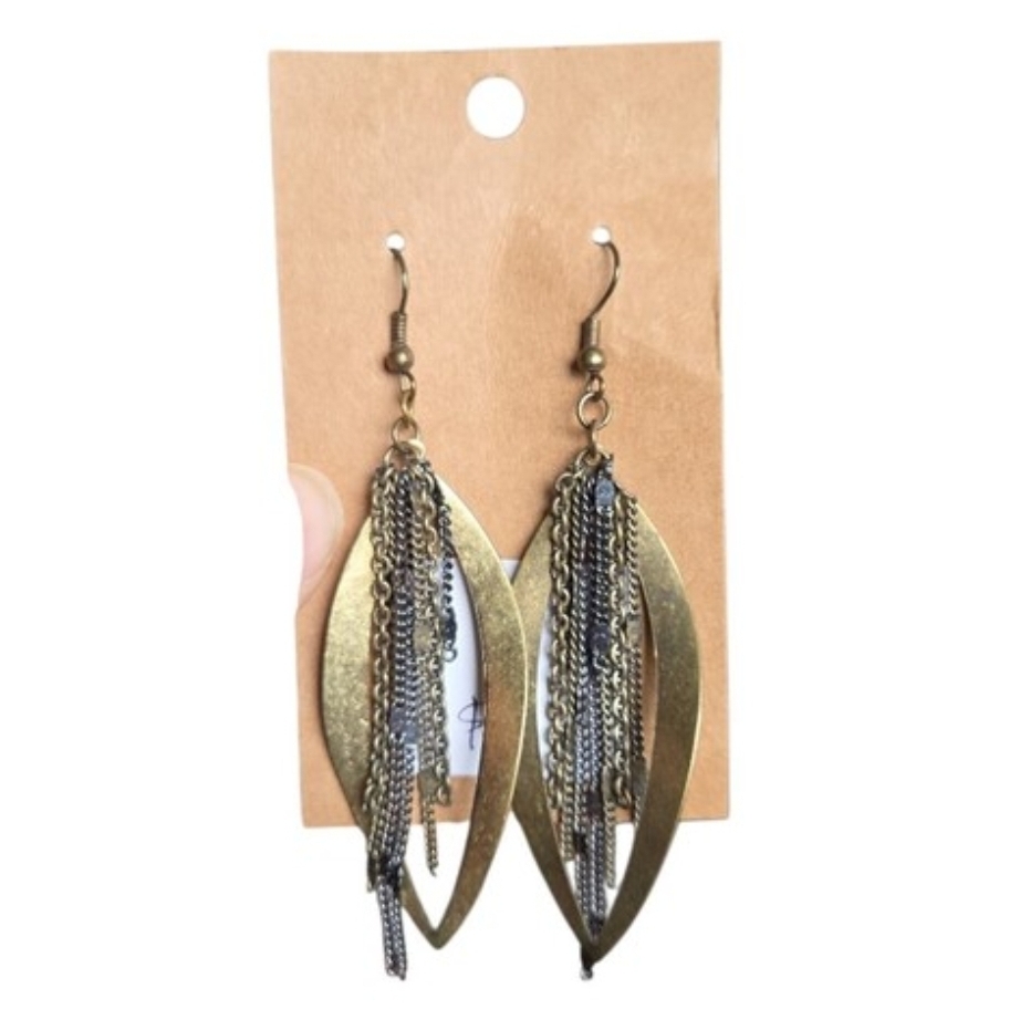 Vintage Bronze-Tone Leaf Dangle Earrings with Mixed Chains 3.5"