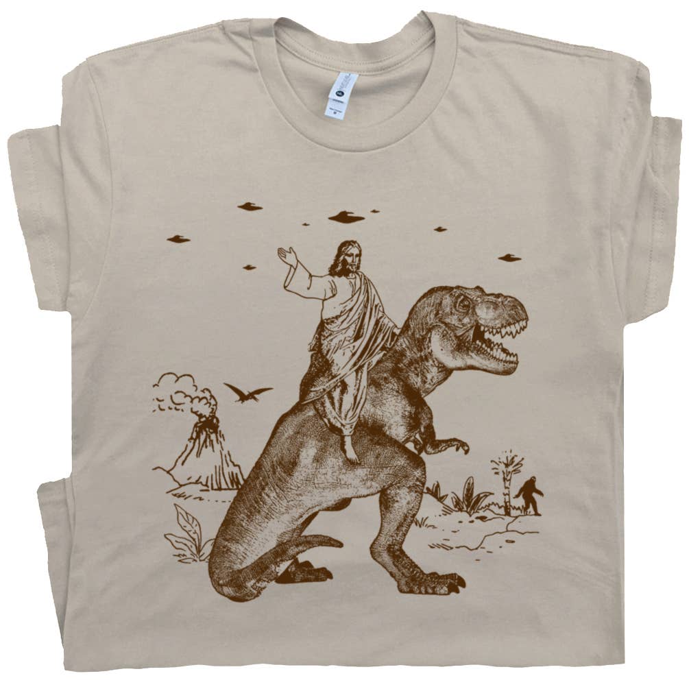 Shirtmandude Co - Dinosaur Jesus Shirt Funny Graphic T Shirts Cool Retro Tee: M