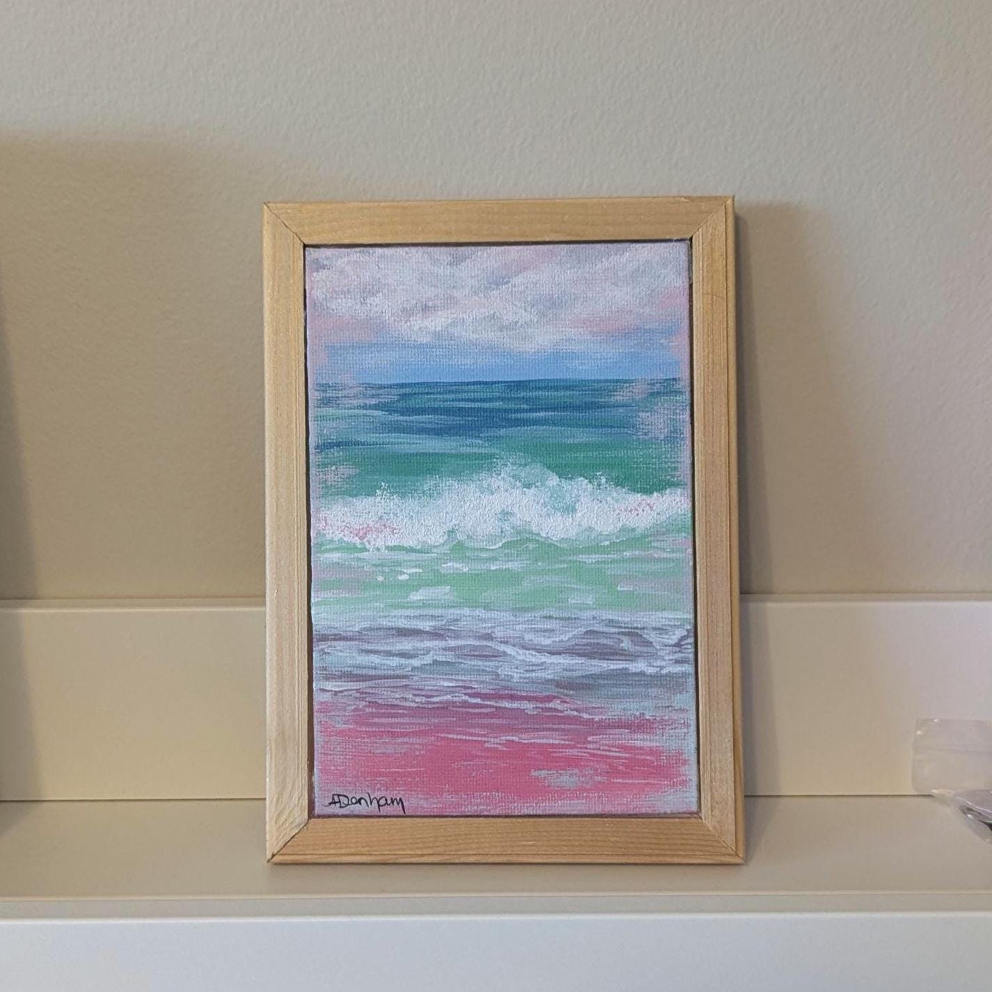 Acrylic Mystical Pink and Teal Ocean Painting Original Artwork Beach decor by Canadian artist surf art magical painting of trippy water