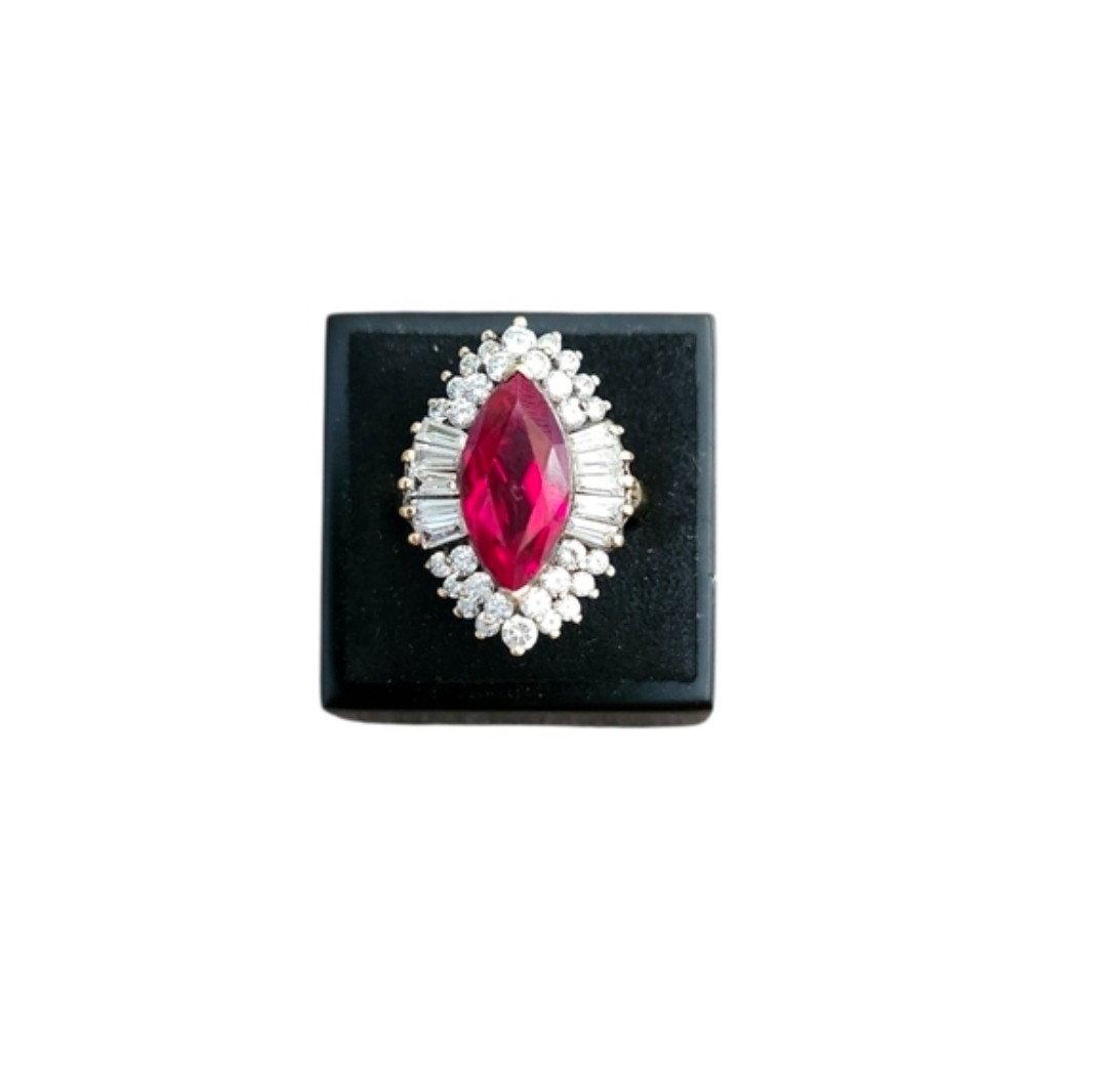 Size 8.5 925 Gold Toned Ruby-Red Marquise Cocktail Ring with Halo Accents