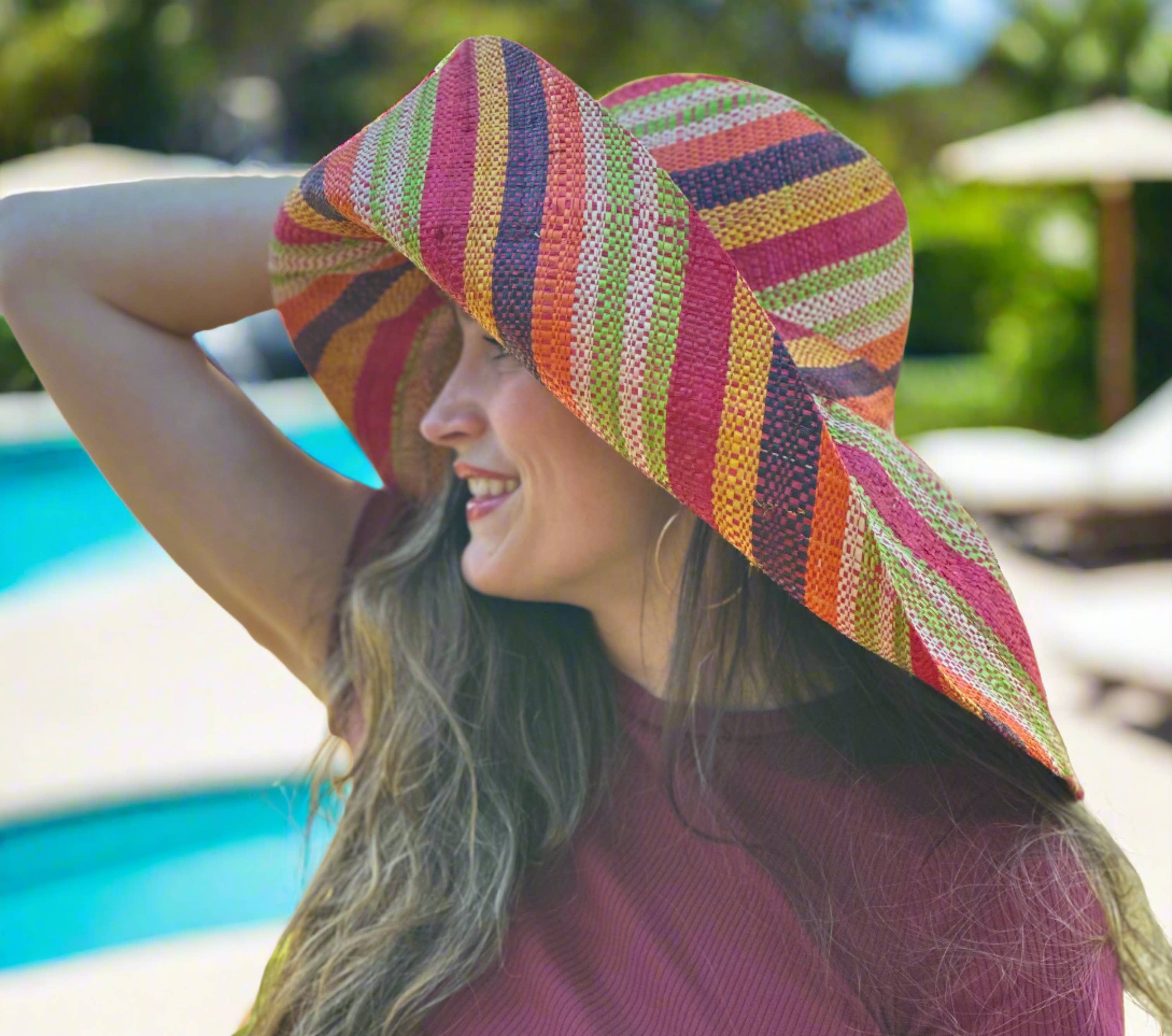 5" & 7" Wide Brim Multicolor Stripe Packable Straw Sun Hats