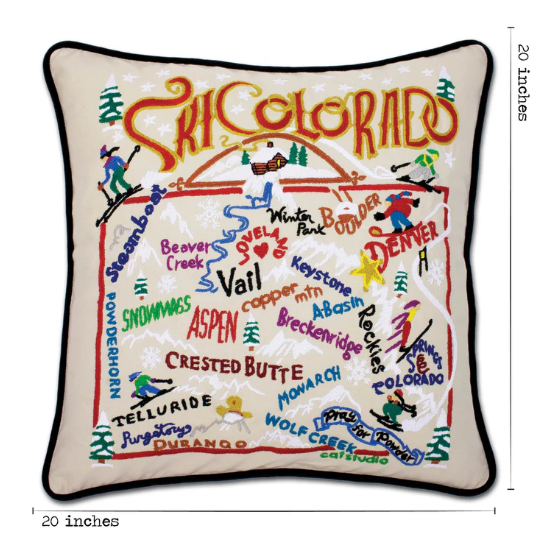 Ski Colorado Hand-Embroidered Pillow Catstudio