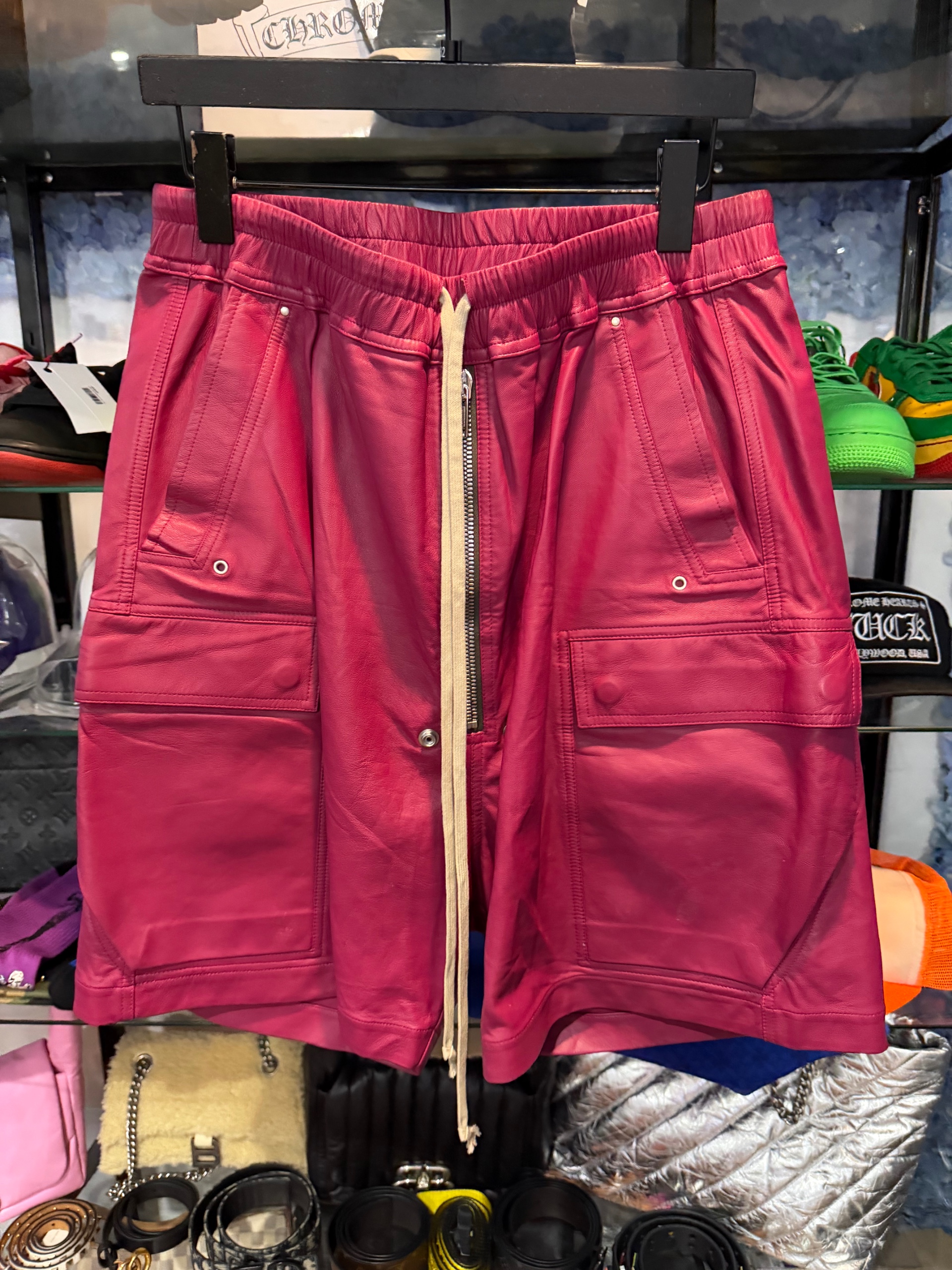 Rick Owens - Straight-Leg Leather Drawstring Shorts - Pink by Rick Owens ( USED )