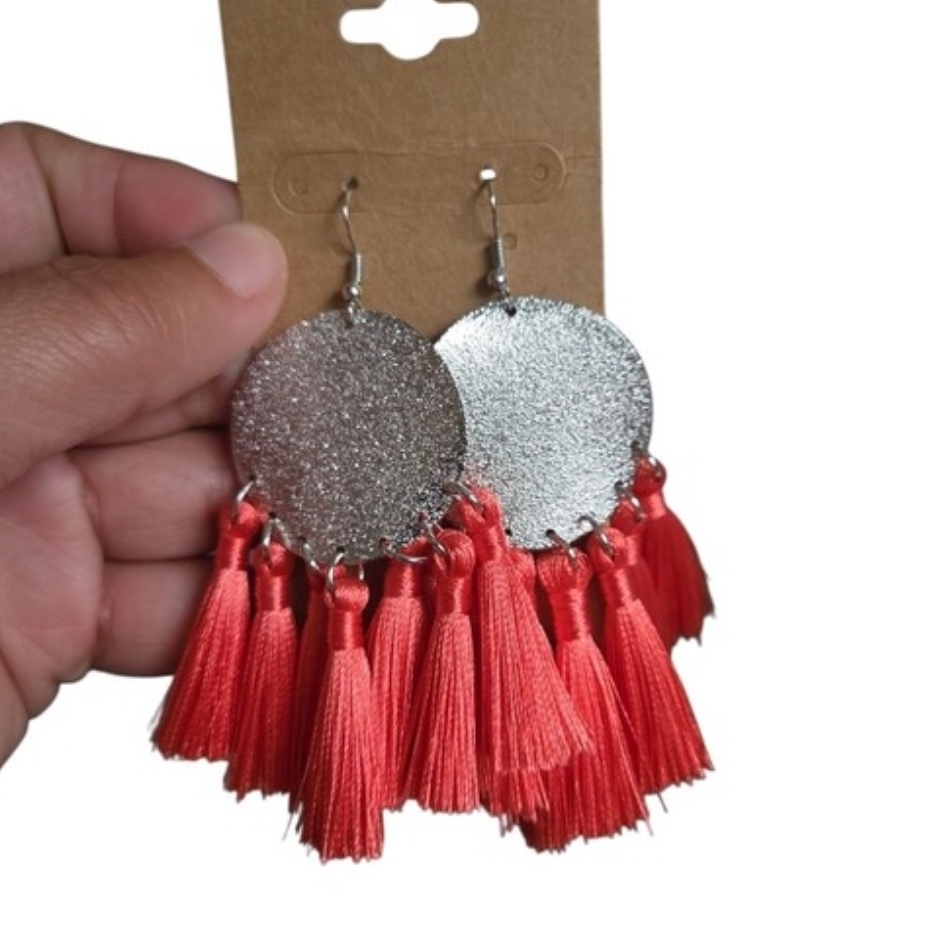 Silver Toned Disc with Dark Pink Tassel Earrings 3.5"