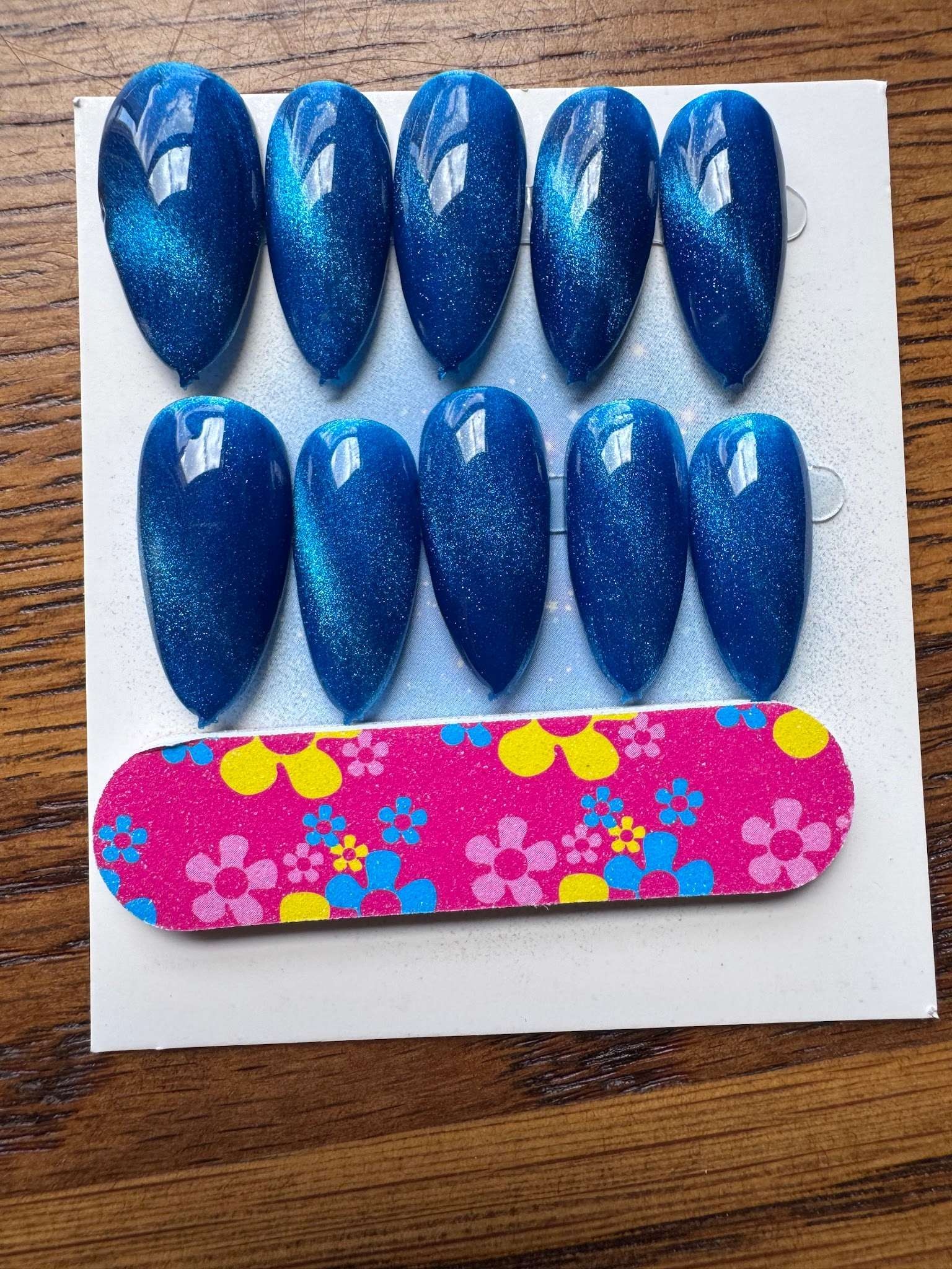Cat's Eye Blue hand-painted nail set
